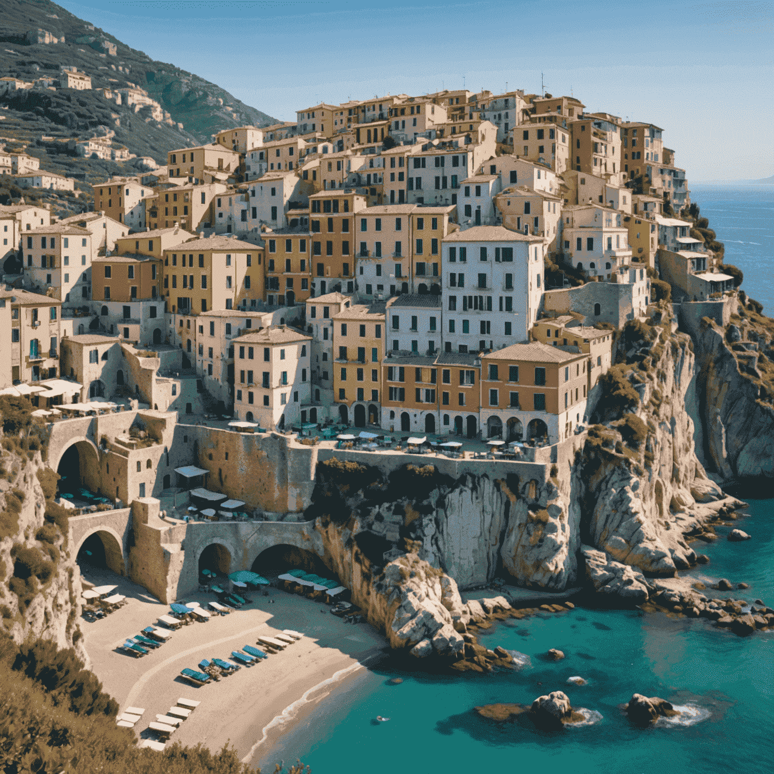 Panoramic view of a picturesque Italian coastal town with colorful houses perched on cliffs overlooking the Mediterranean Sea