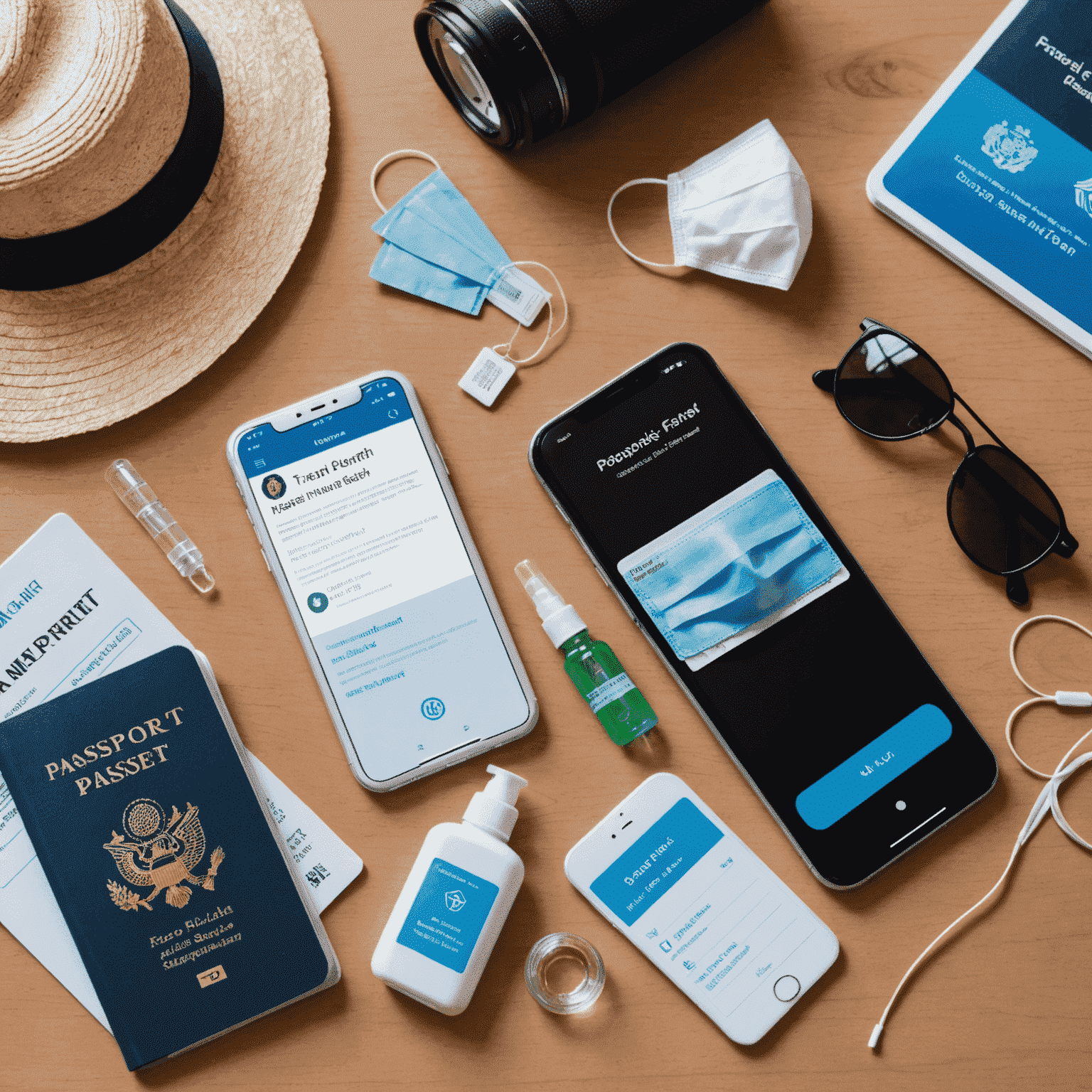 A collage of travel safety images: face masks, hand sanitizer, passport, and a digital health pass on a smartphone