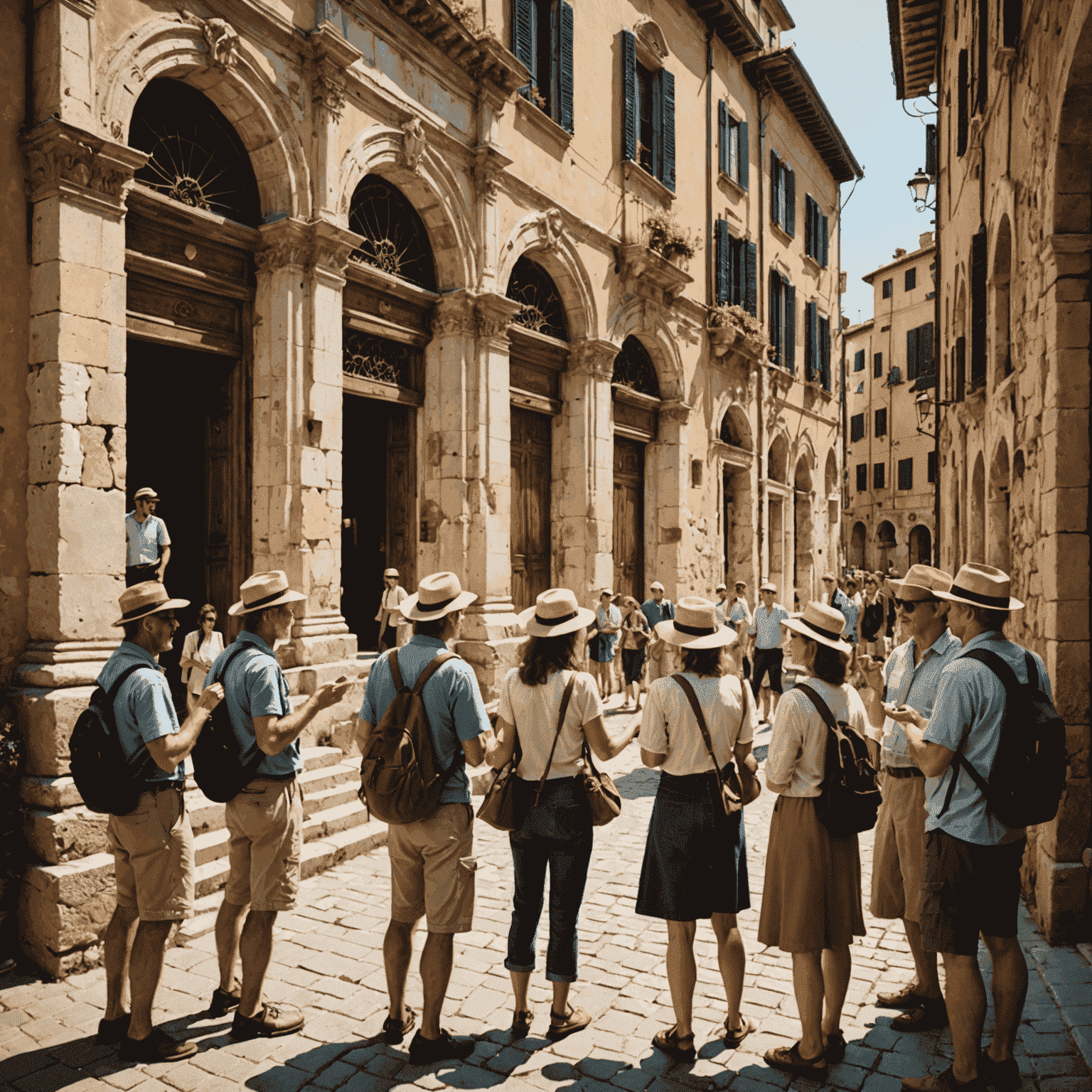 A group of tourists exploring an ancient Italian city, led by a knowledgeable guide pointing out architectural details