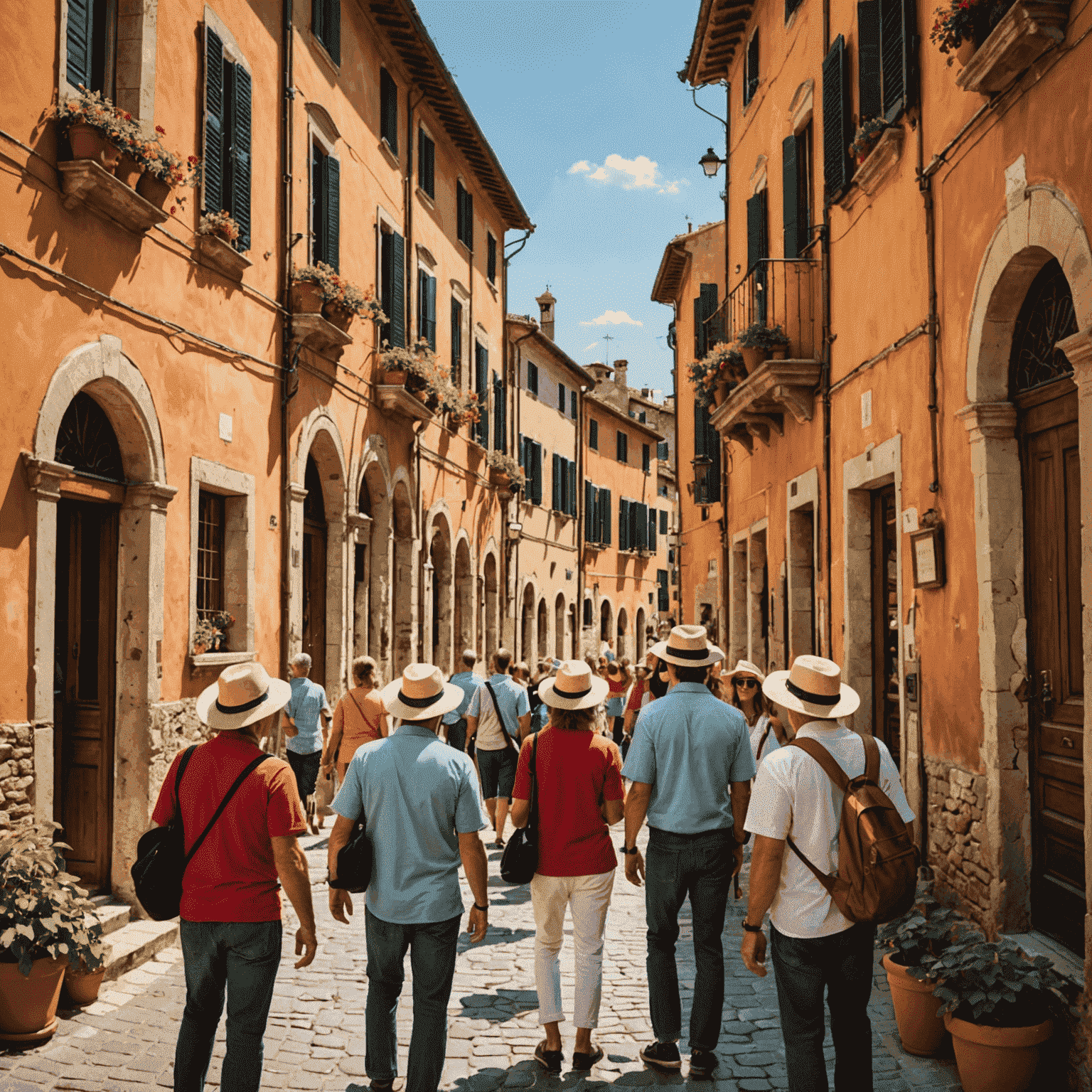 A group of tourists exploring a picturesque Italian village, with a knowledgeable guide pointing out architectural details of colorful buildings. The scene captures the essence of a Catslaptolken guided tour, showcasing the blend of history, culture, and hidden gems of Italy.