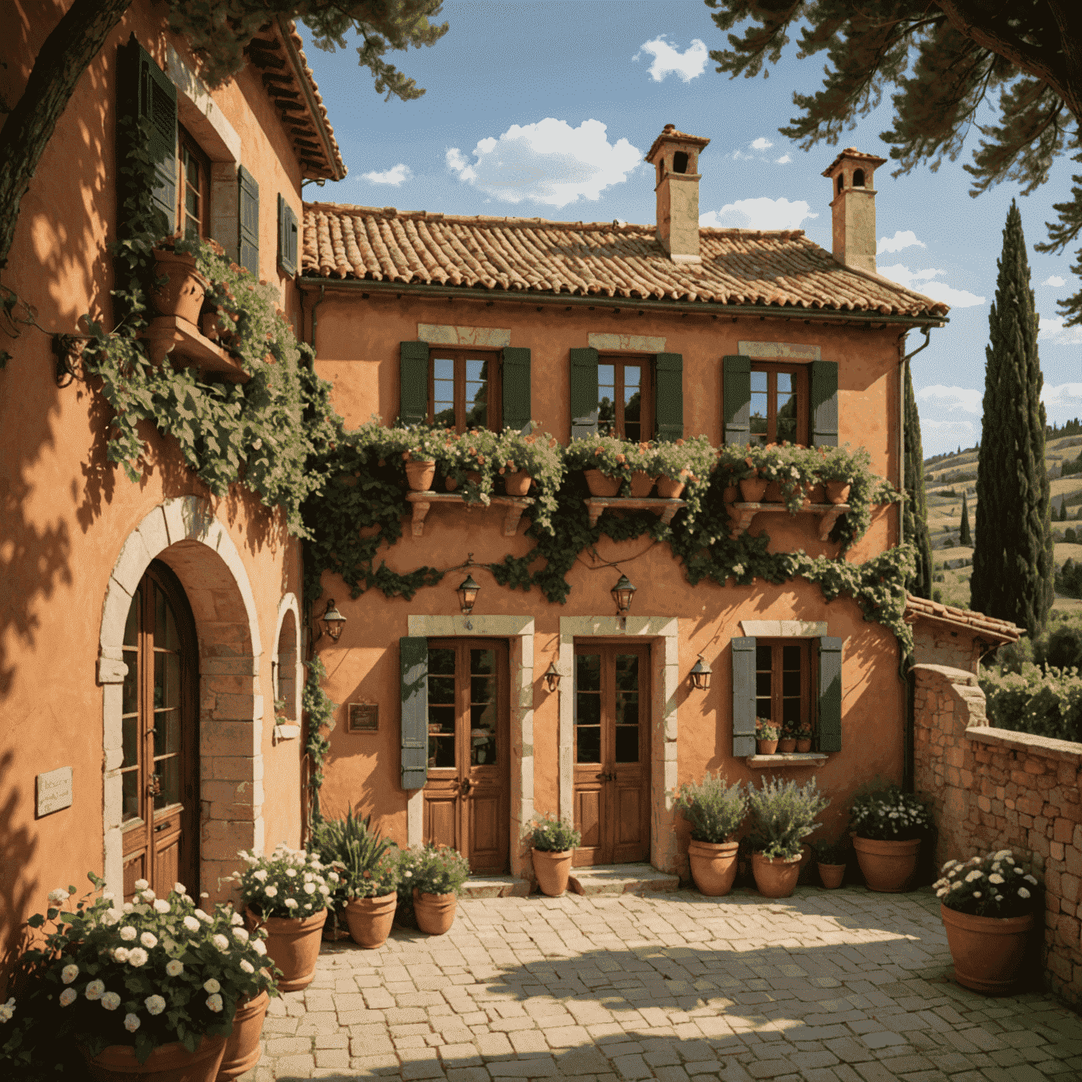 A cozy Italian bed and breakfast with terracotta roof tiles, surrounded by cypress trees and a vineyard. The building has a rustic charm with flower boxes on the windows.