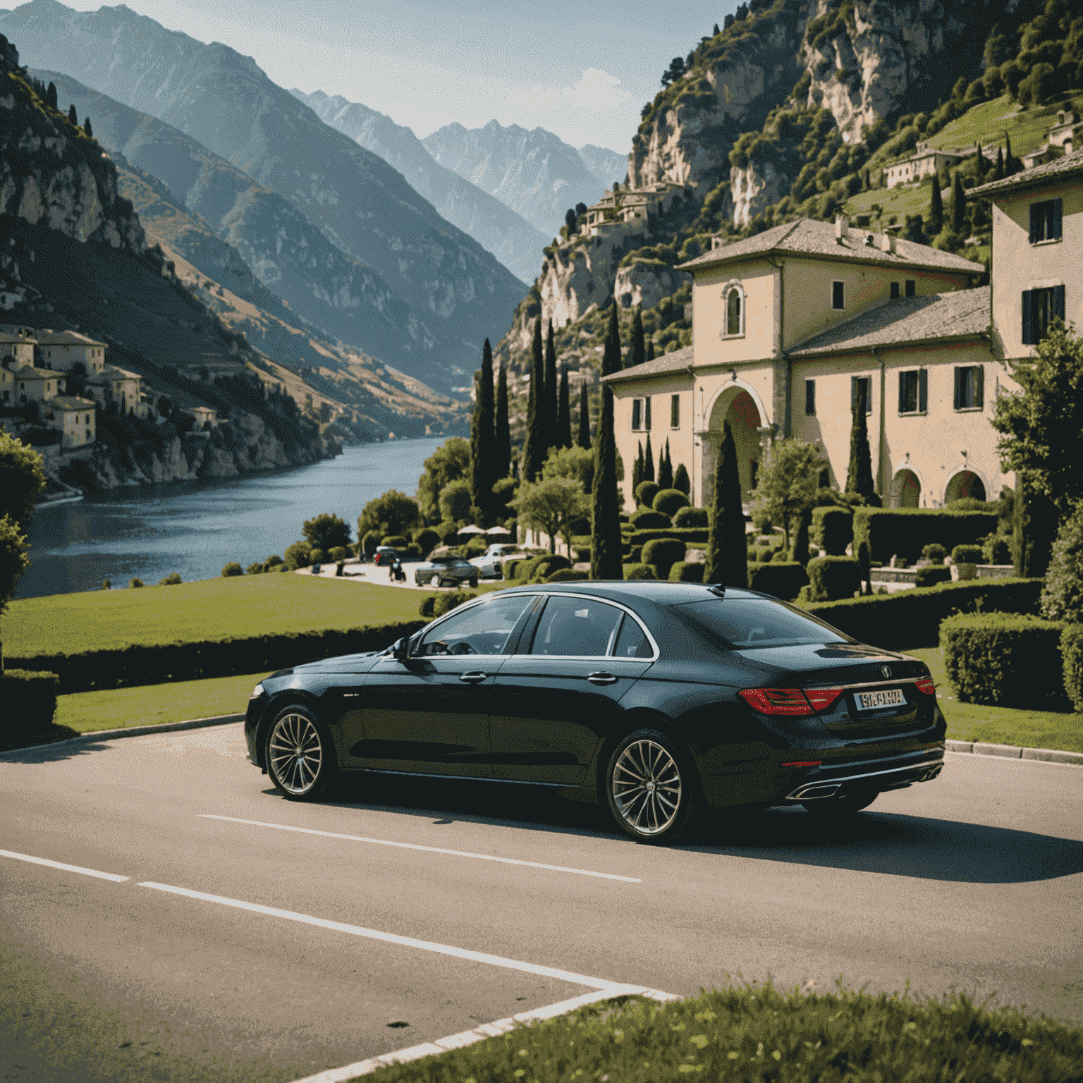 A luxurious car rental service showcasing a variety of vehicles ranging from compact cars to luxury sedans, parked in a scenic Italian landscape