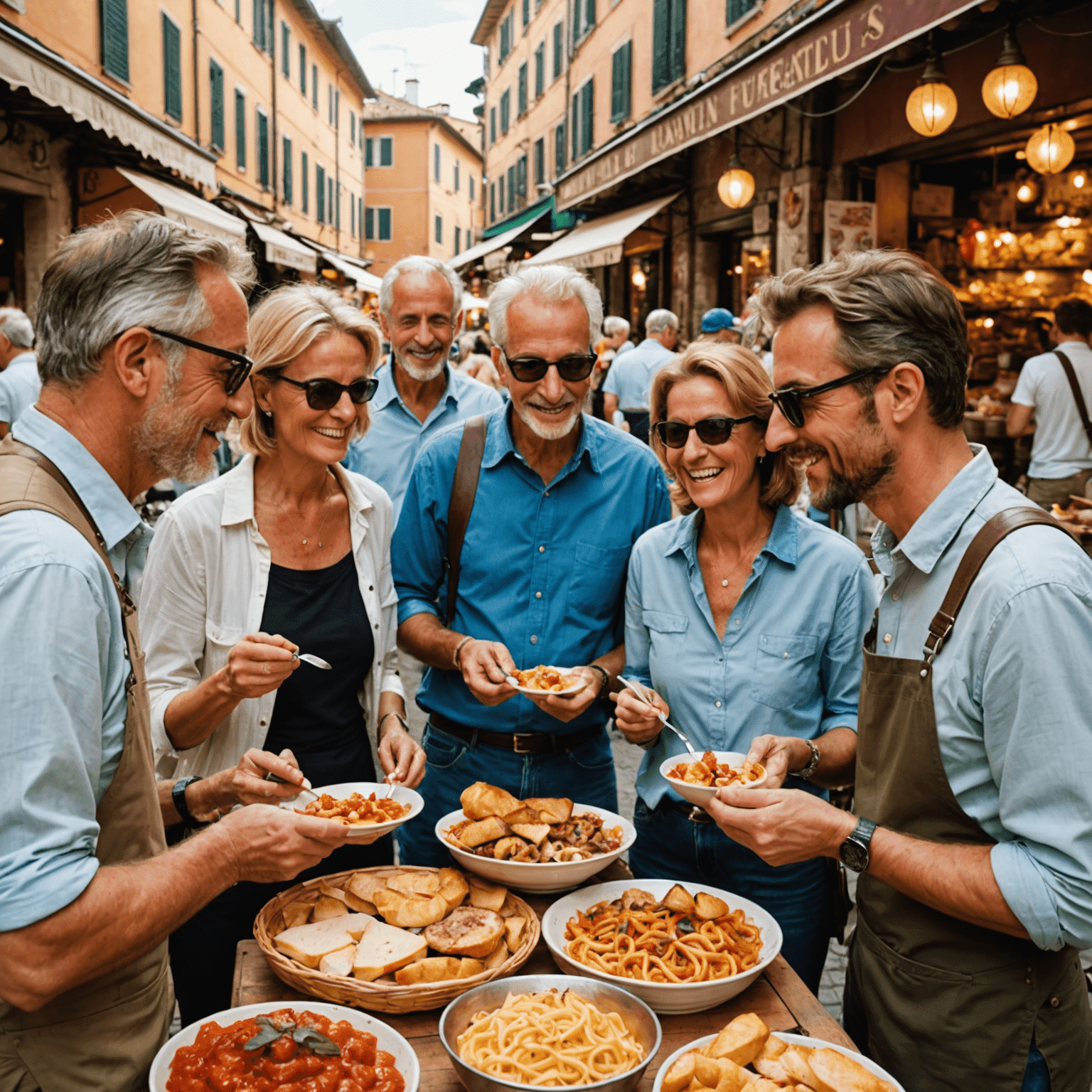 A group of tourists enjoying a food tour in an Italian market, sampling various local delicacies