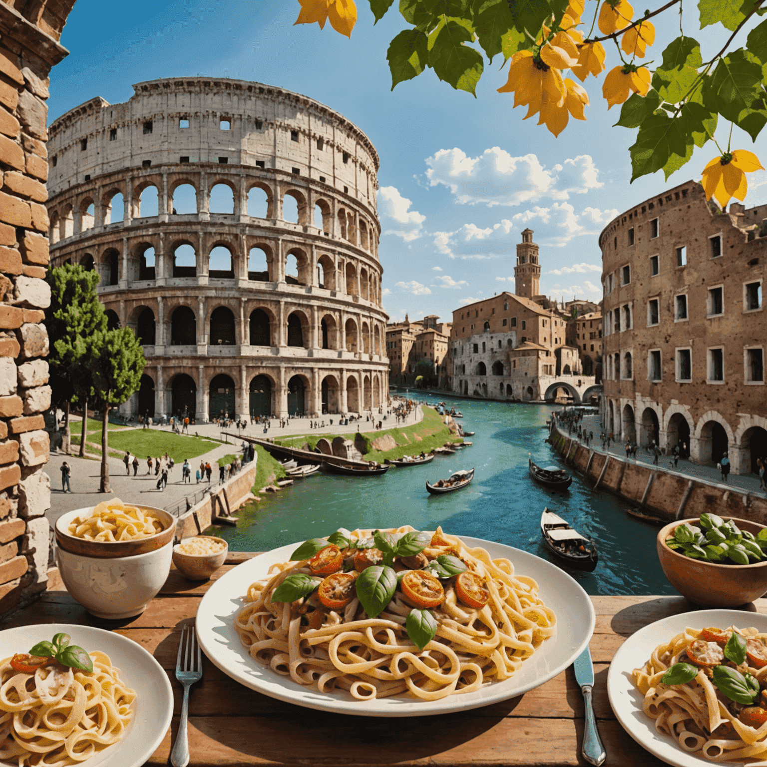 A collage of Italian landmarks and experiences, including the Colosseum, Venetian canals, Tuscan countryside, and a plate of pasta, representing a customized travel itinerary