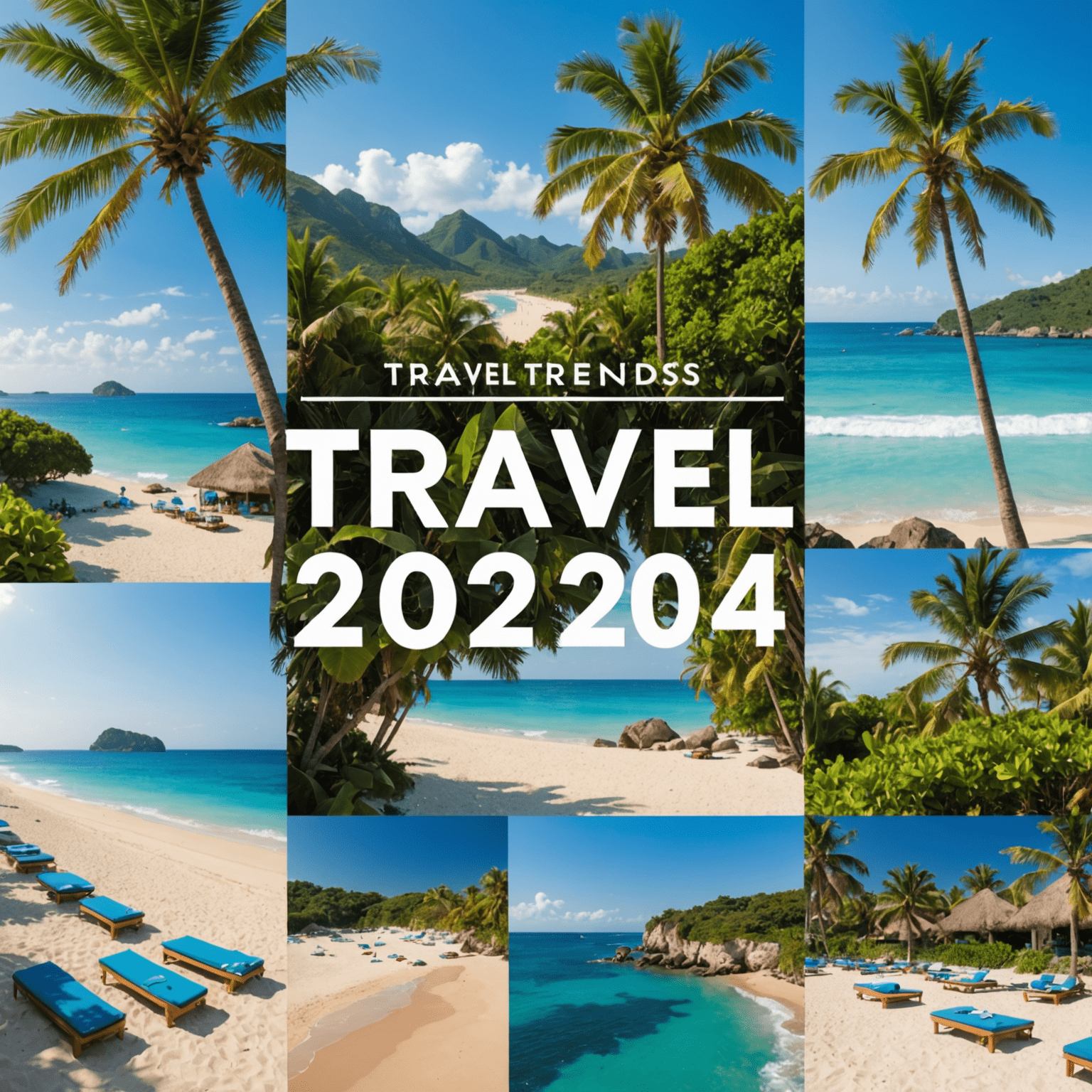 A collage of trending travel destinations, showing a mix of beaches, cities, and nature spots. Overlay text reads 'Travel Trends 2024'