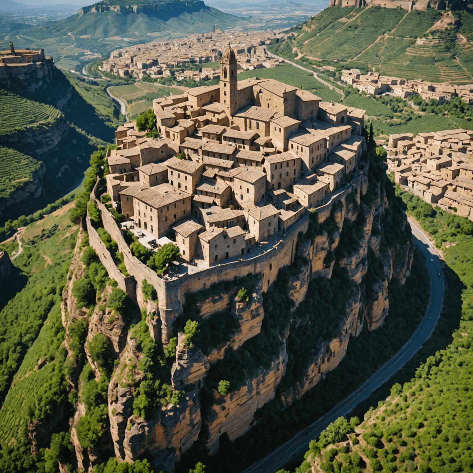 Aerial view of Civita di Bagnoregio, a small ancient town perched on top of a hill, connected to the mainland by a narrow bridge