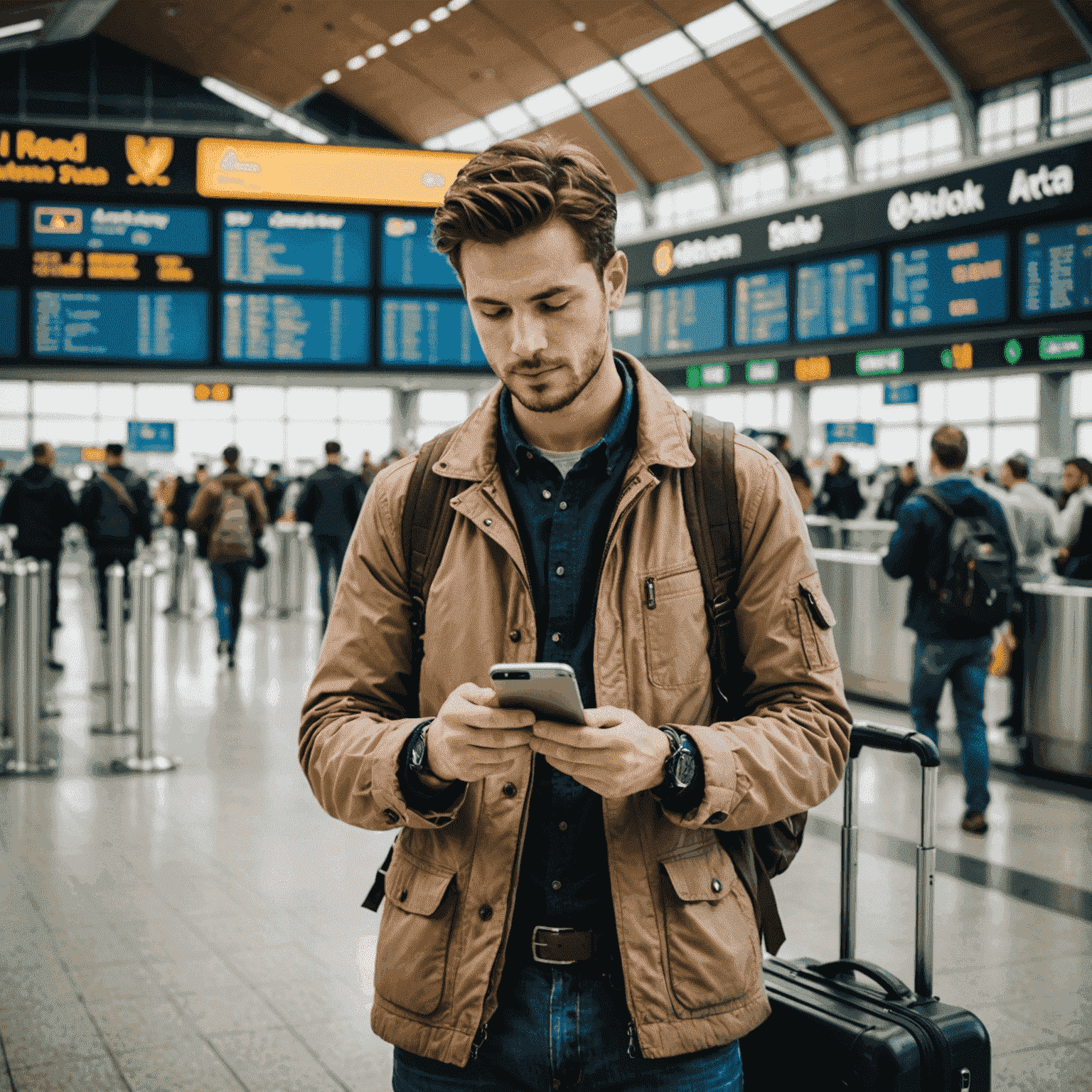 A traveler using a smartphone app to check travel advisories while standing in an airport