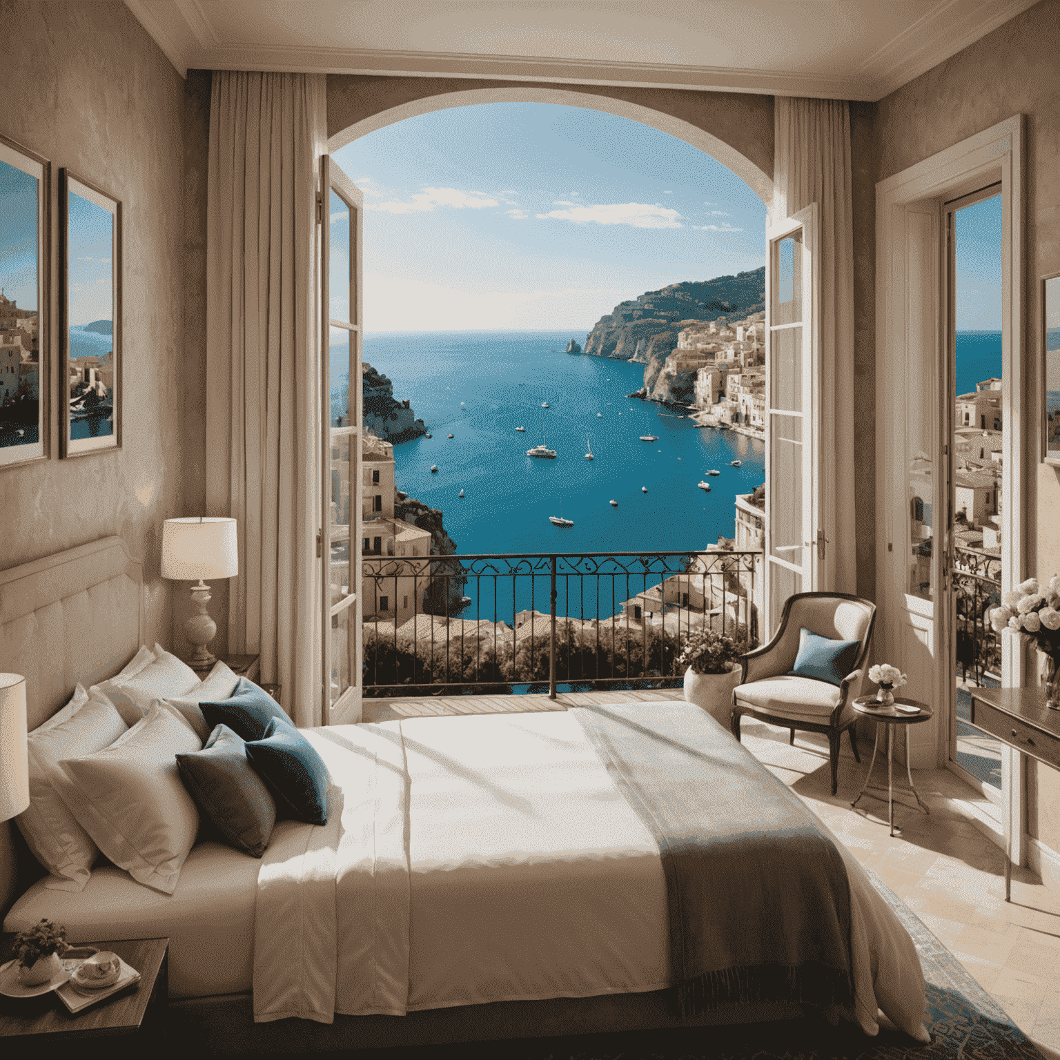 A luxurious Italian hotel room with a balcony overlooking a picturesque coastal town