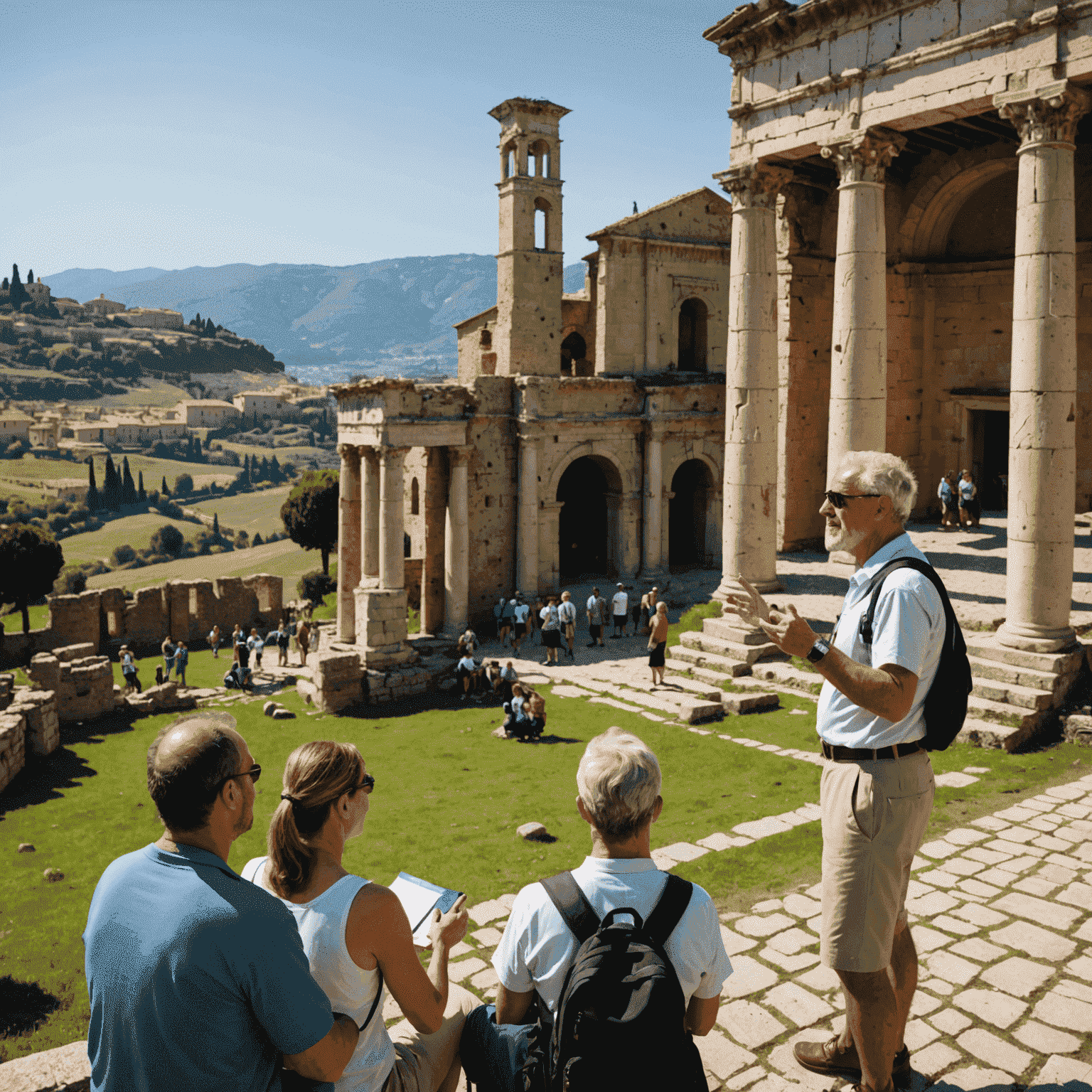 A Catslaptolken tour guide enthusiastically explaining the history of an ancient Roman ruin to an engaged group of tourists. The scene is set against a backdrop of a stunning Italian landscape, showcasing the blend of history and natural beauty offered in our guided tours.