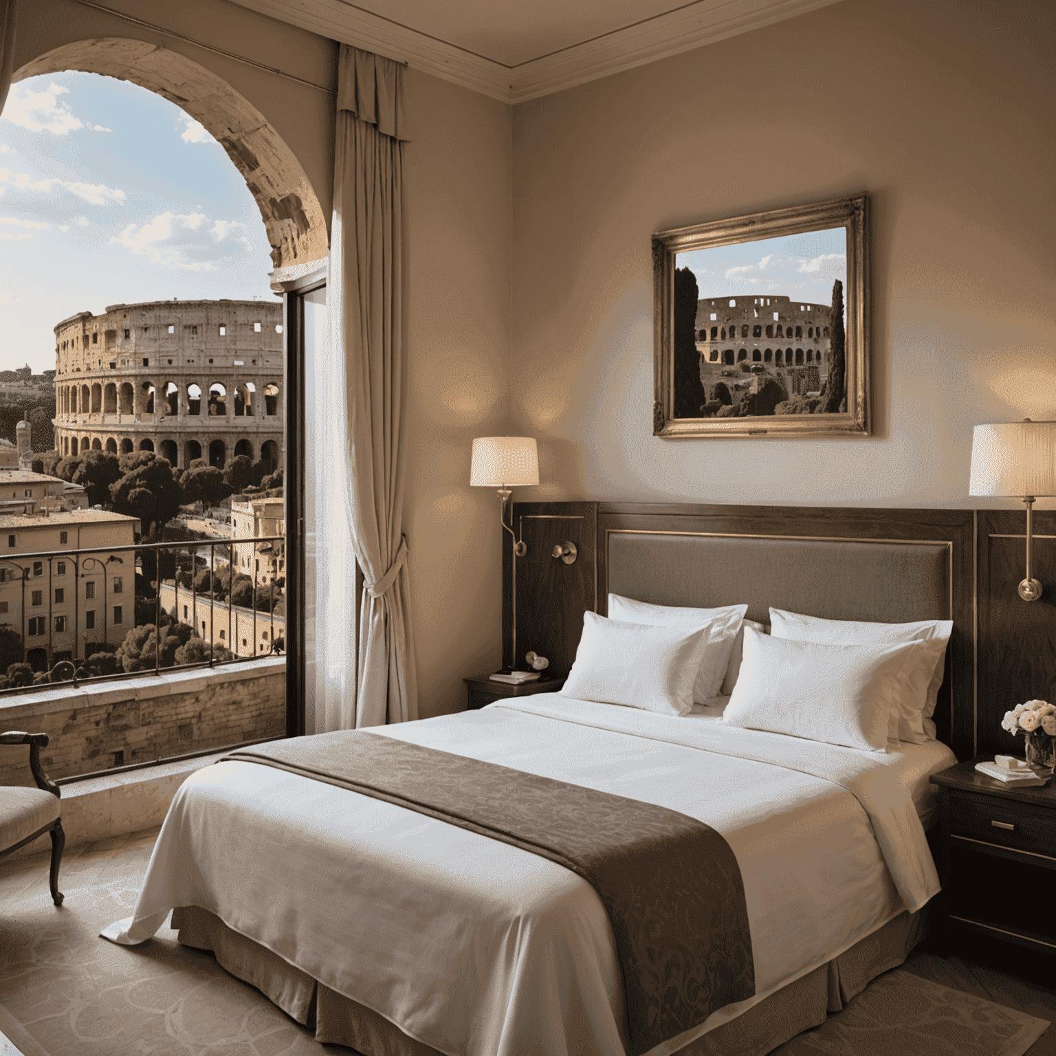 A luxurious hotel room in Rome with a view of the Colosseum. The room features elegant decor, a king-size bed with crisp white linens, and a private balcony.