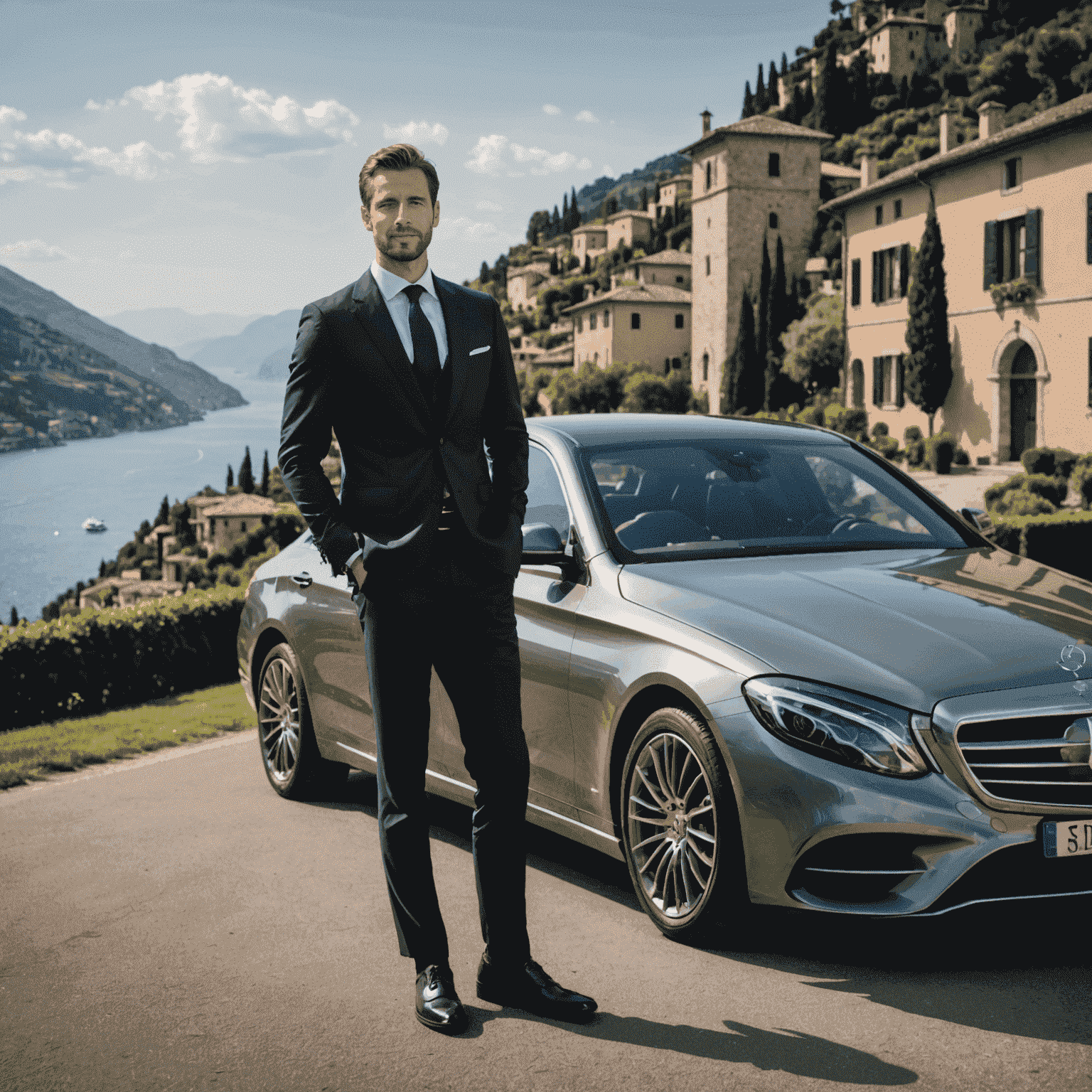 A professional chauffeur standing next to a luxury vehicle, ready to provide private transfer services in a picturesque Italian setting