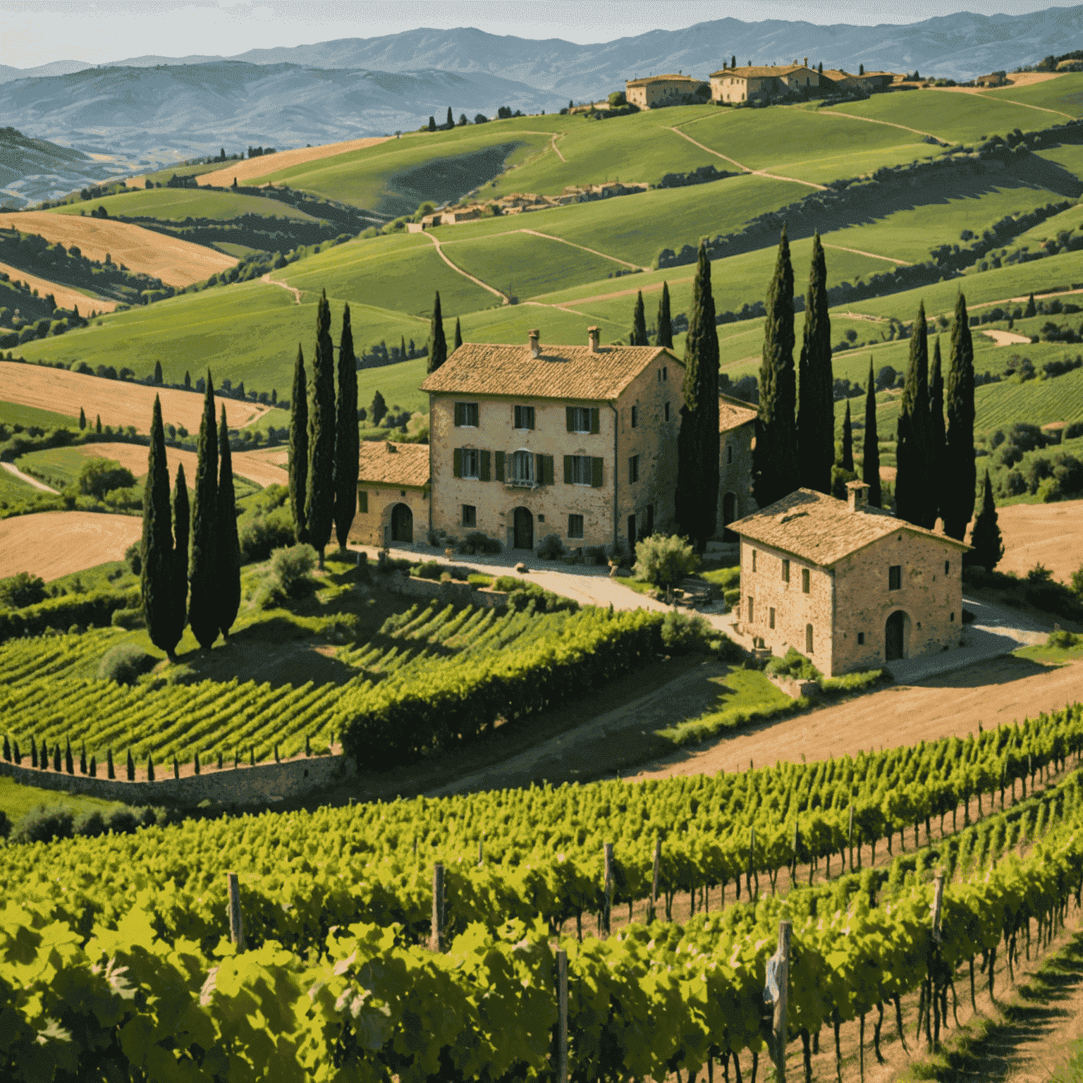 A picturesque Italian landscape featuring rolling hills, vineyards, and a rustic villa. Text overlay: 'Discover Italy with Catslap'