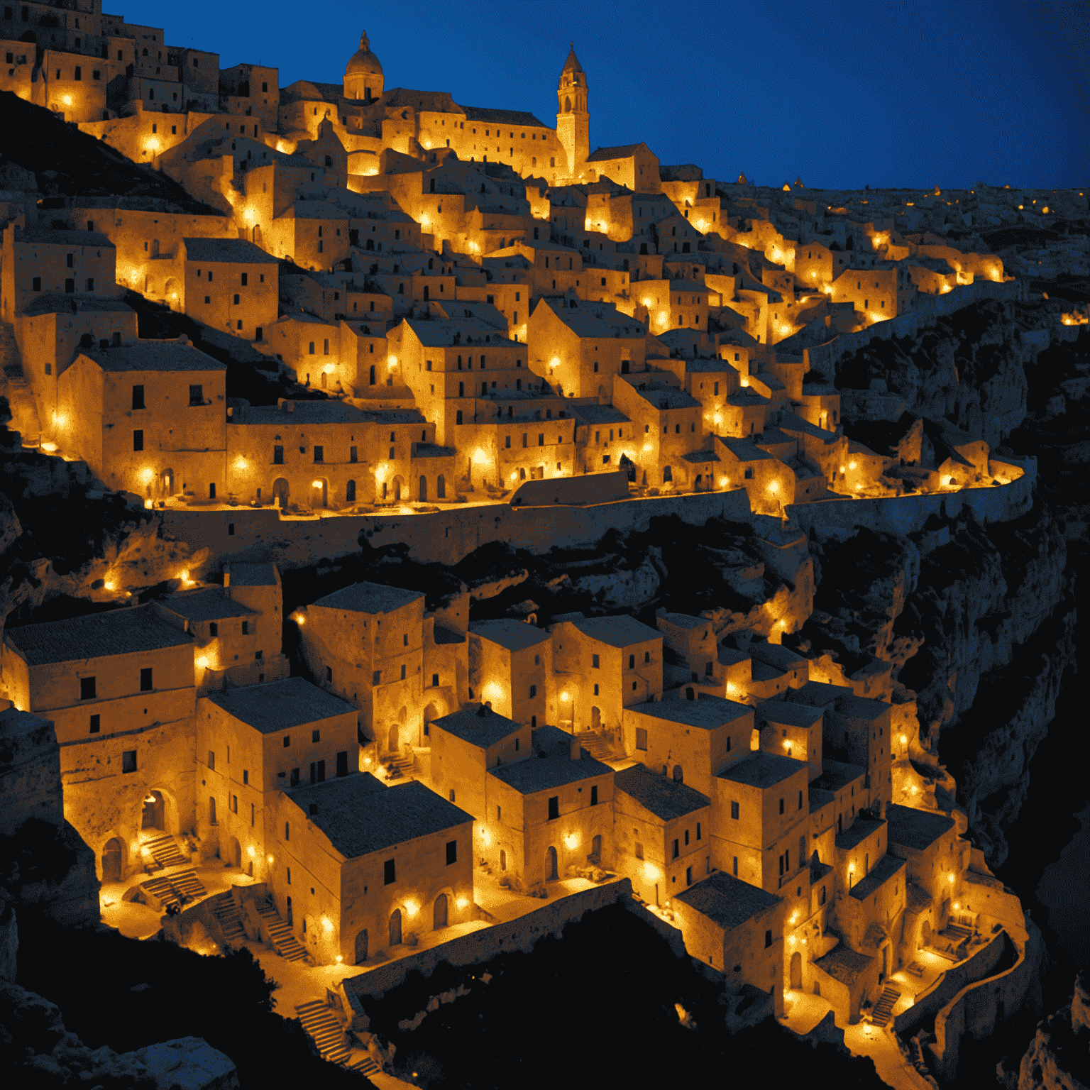 Night view of Matera's Sassi, ancient cave dwellings illuminated by warm lights, creating a magical atmosphere