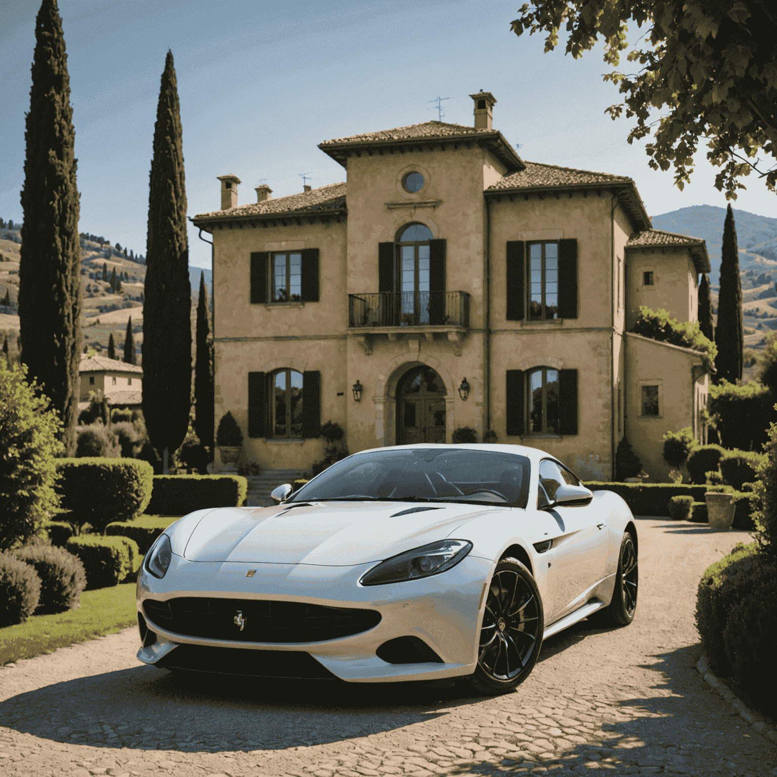 A sleek Italian sports car parked in front of a scenic Tuscan villa