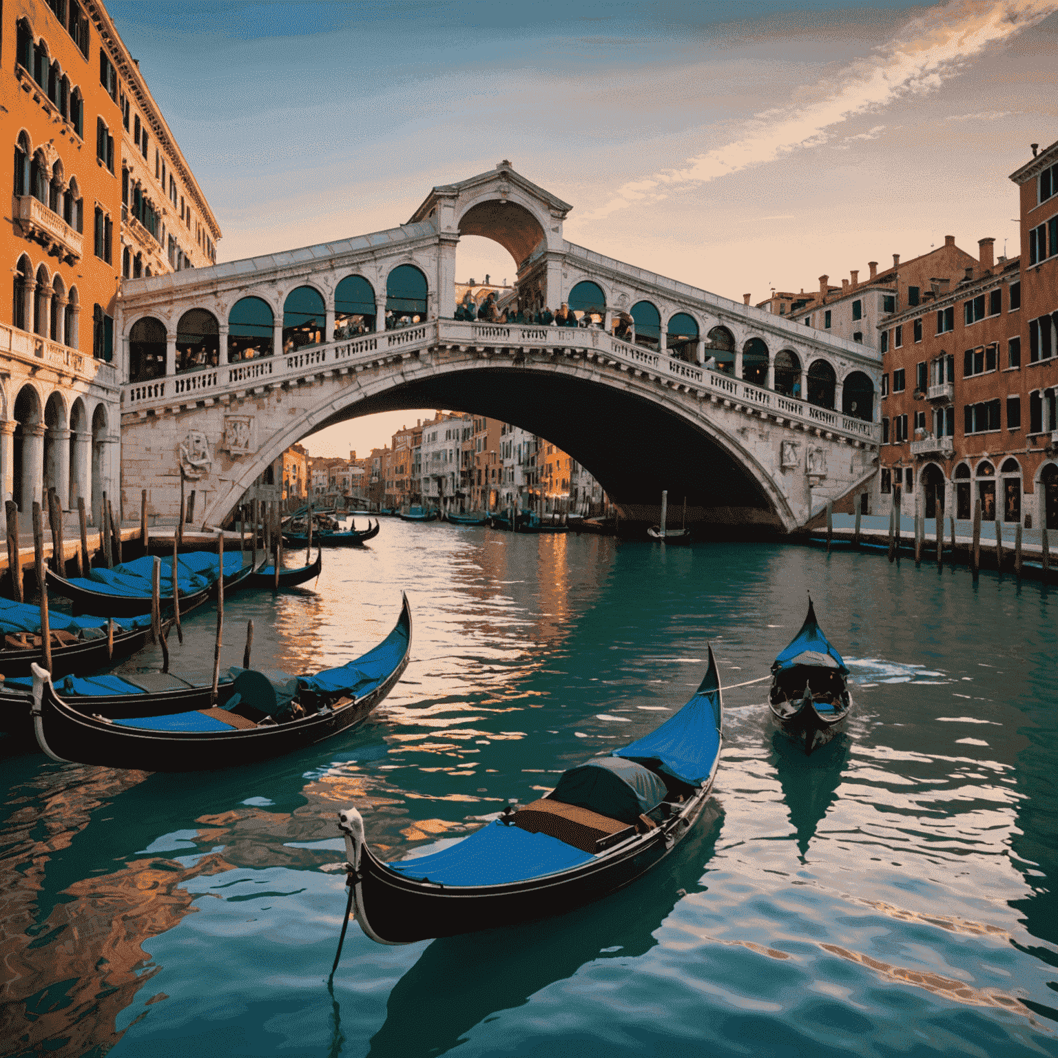 The iconic Rialto Bridge in Venice at sunset, with gondolas passing underneath and colorful buildings lining the Grand Canal.