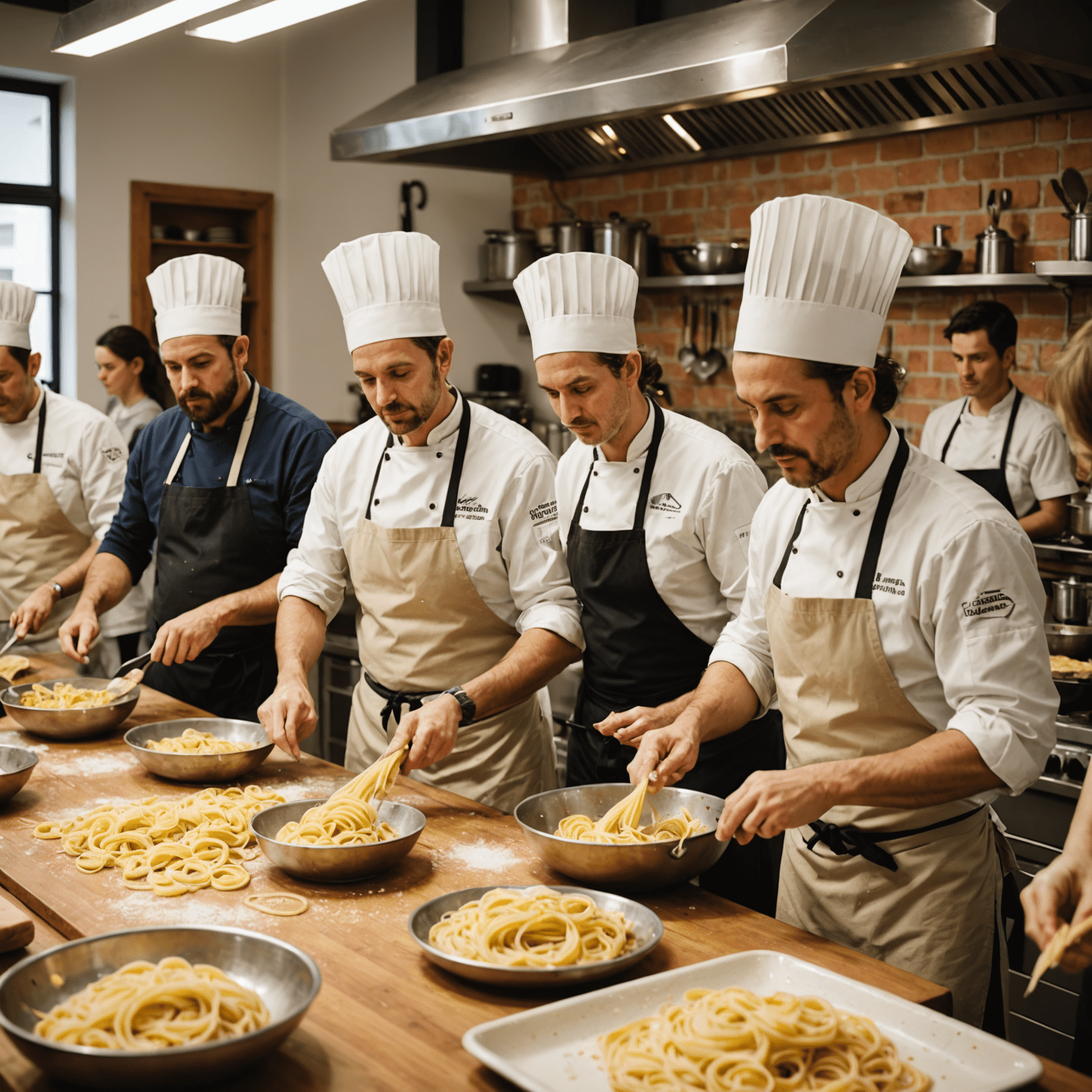 A cooking class in progress, with participants learning to make pasta from an Italian chef