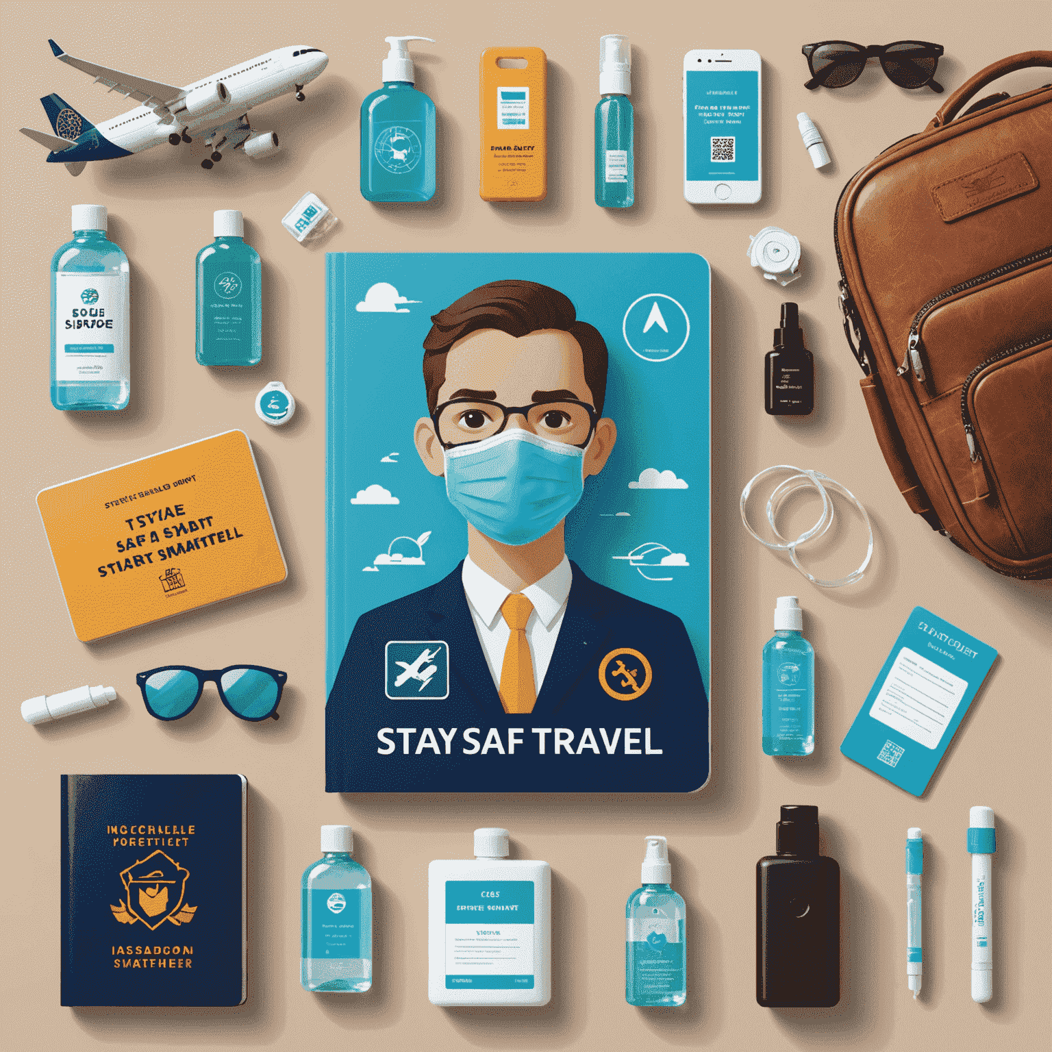 A montage of travel safety icons including a passport, face mask, and hand sanitizer. Text: 'Stay Safe, Travel Smart'