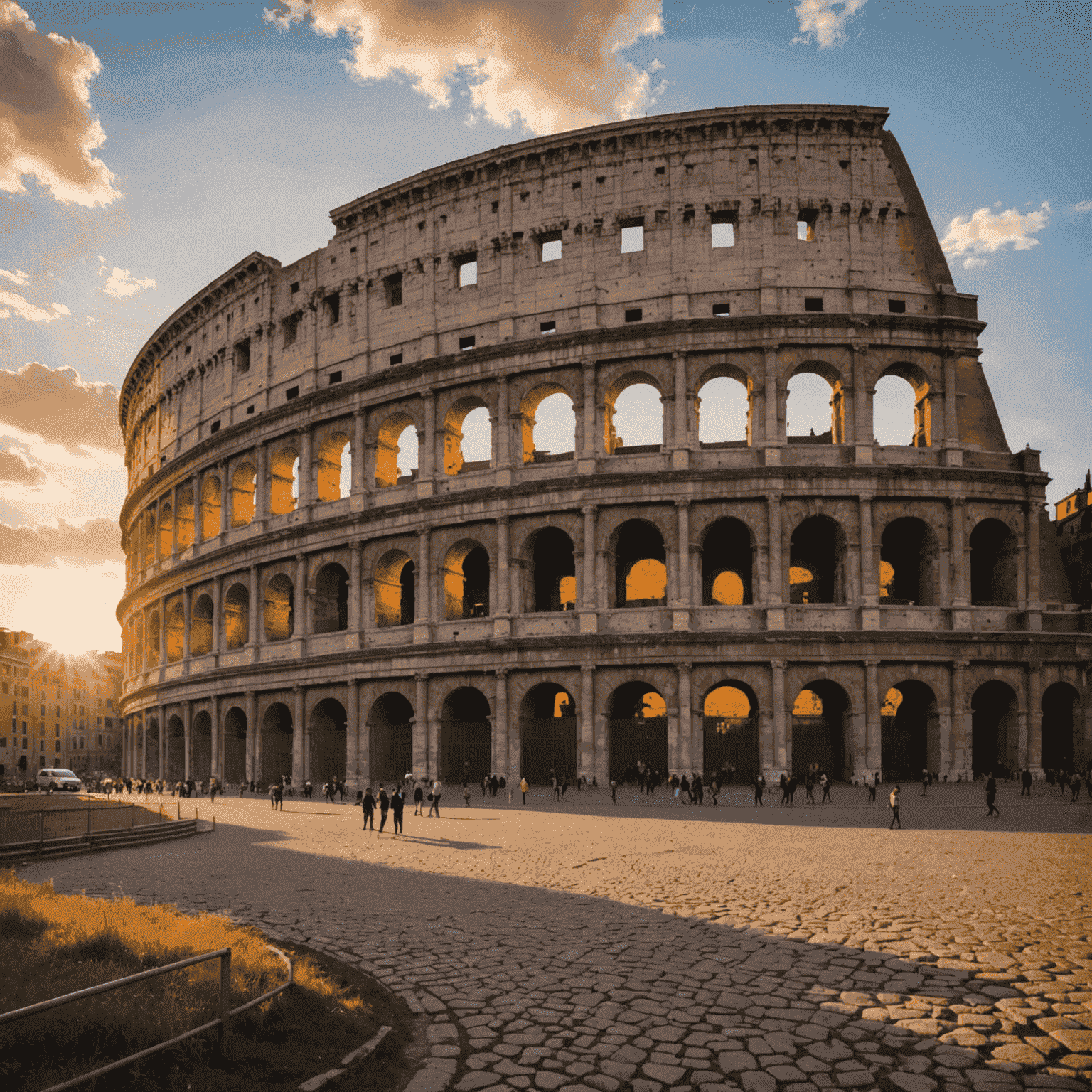 Exterior view of the Colosseum in Rome at sunset, with golden light illuminating the ancient amphitheater