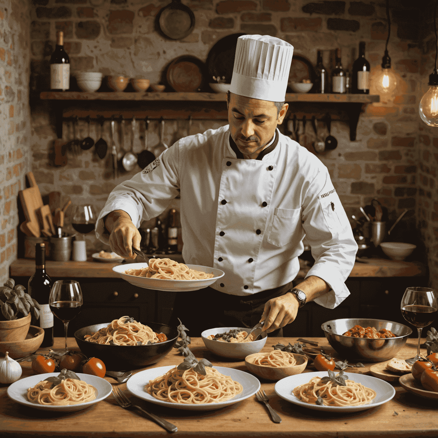 A table set with various Italian dishes, wine glasses, and a chef demonstrating pasta making