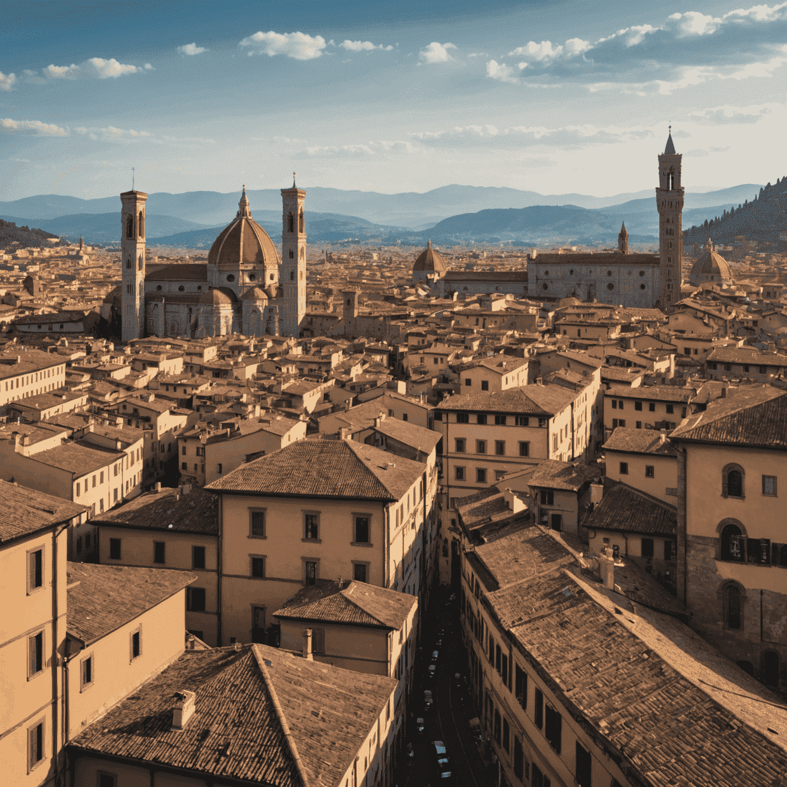 A panoramic view of Florence featuring the iconic Duomo and terracotta rooftops, with the Tuscan hills in the background.