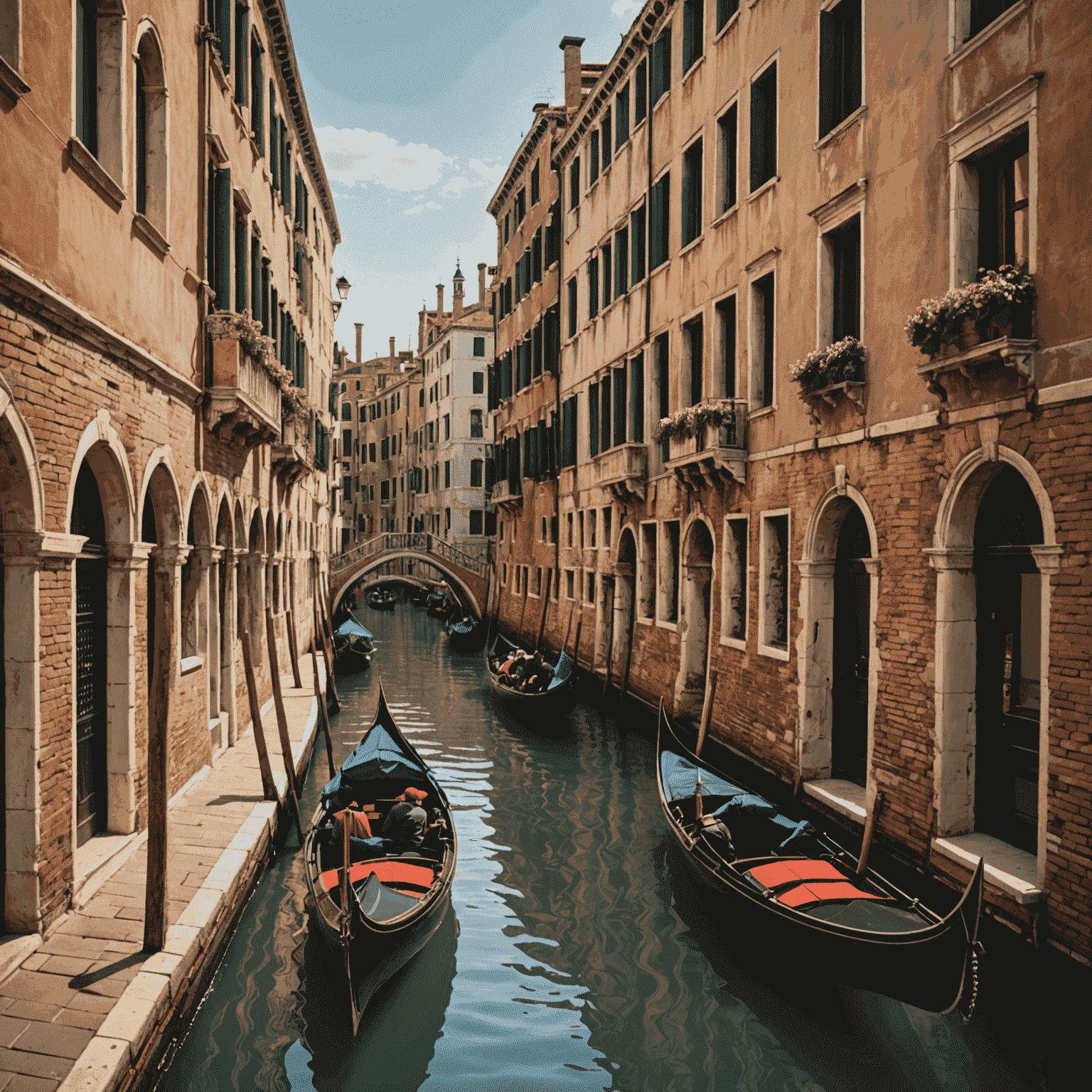 Romantic scene of a gondola ride through Venice's narrow canals, with historic buildings on both sides