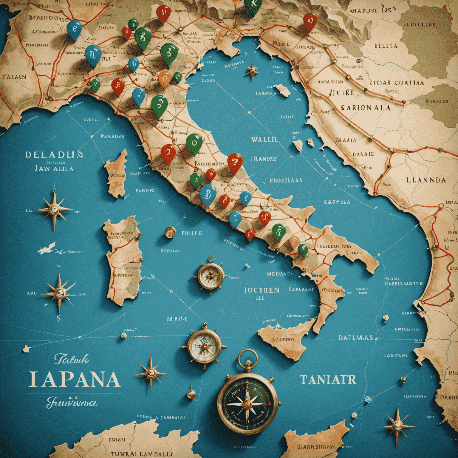 A map of Italy with pins, a compass, and a personalized travel itinerary