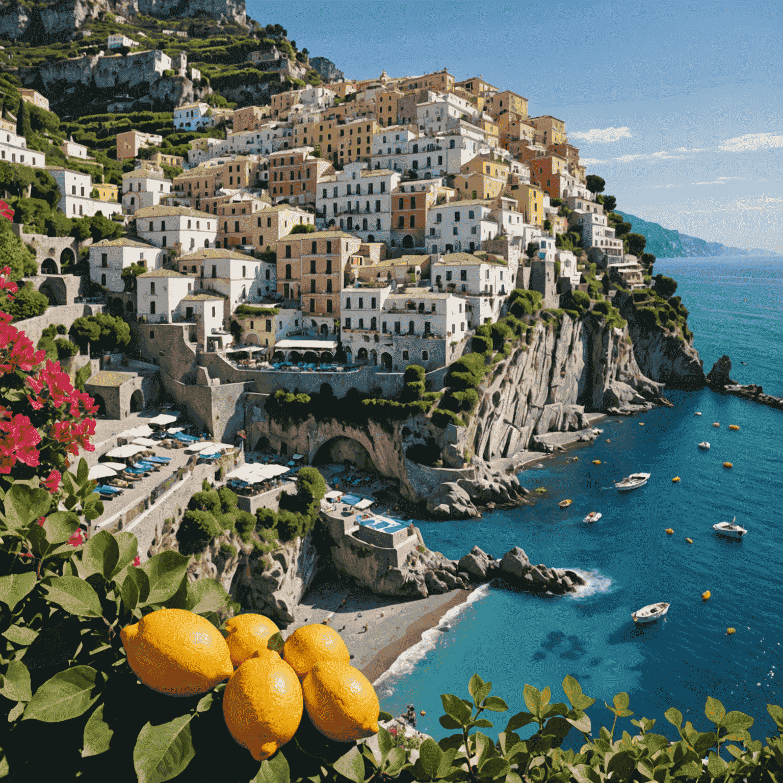 The stunning Amalfi Coast with its colorful cliffside houses, azure waters, and lemon groves overlooking the Mediterranean Sea.