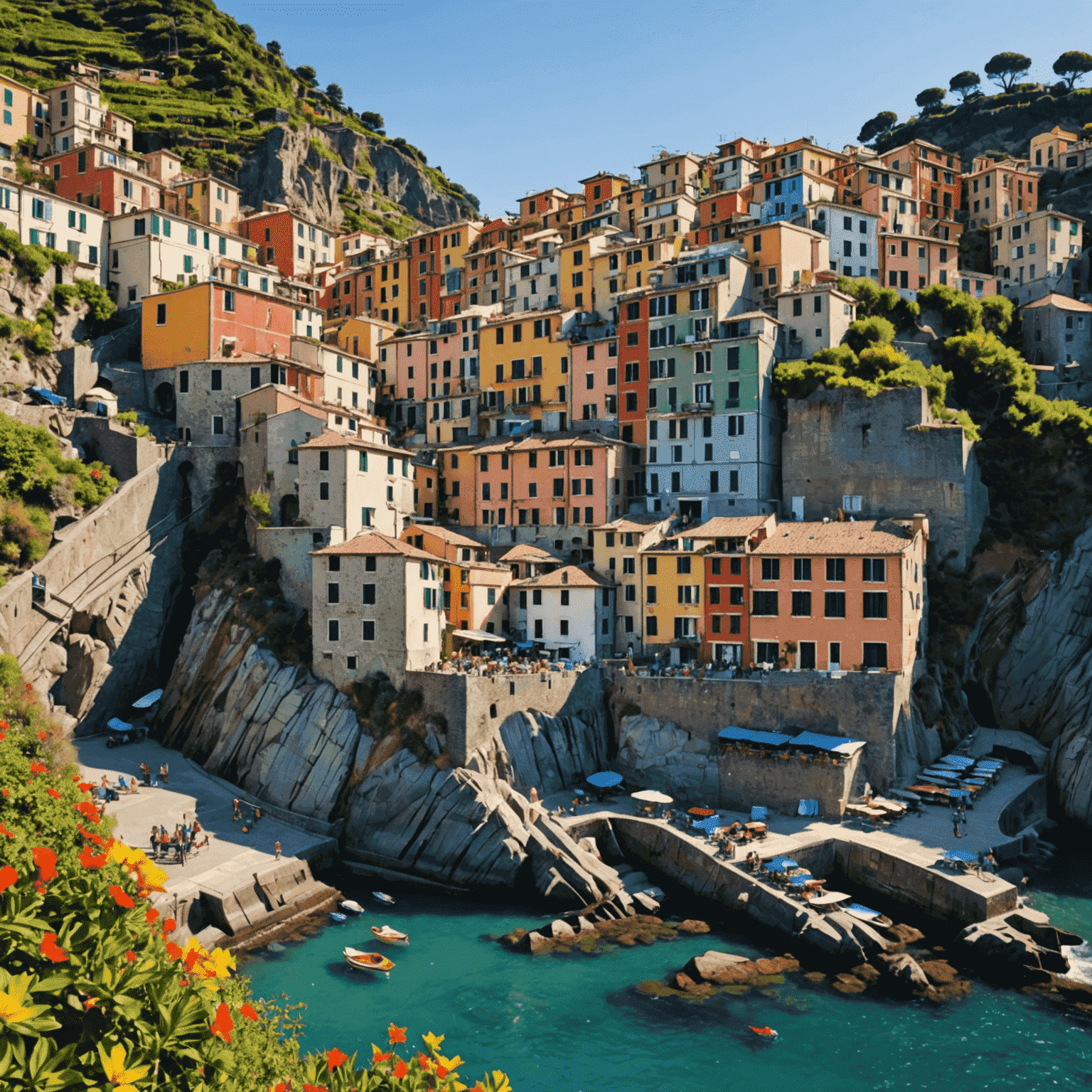 Colorful houses of Manarola, one of the five towns of Cinque Terre, perched on coastal cliffs overlooking the Mediterranean